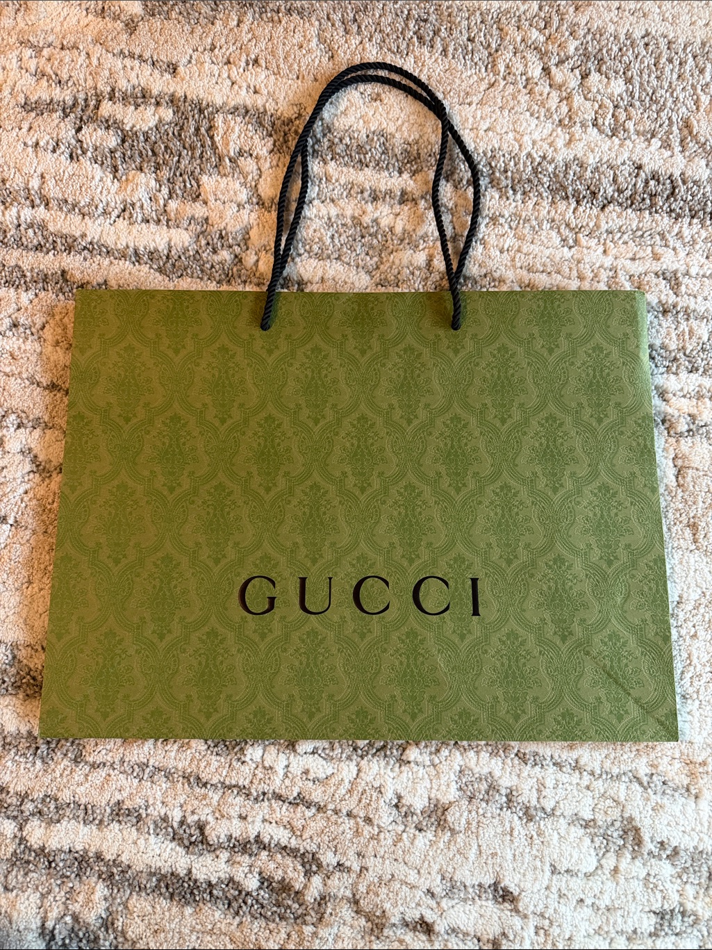 Gucci Green Damask Paper Shopping Bag With Black Rope Handles